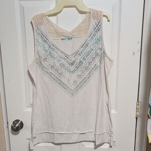 Maurices Cream and Blue Tank Top with Lace Accents